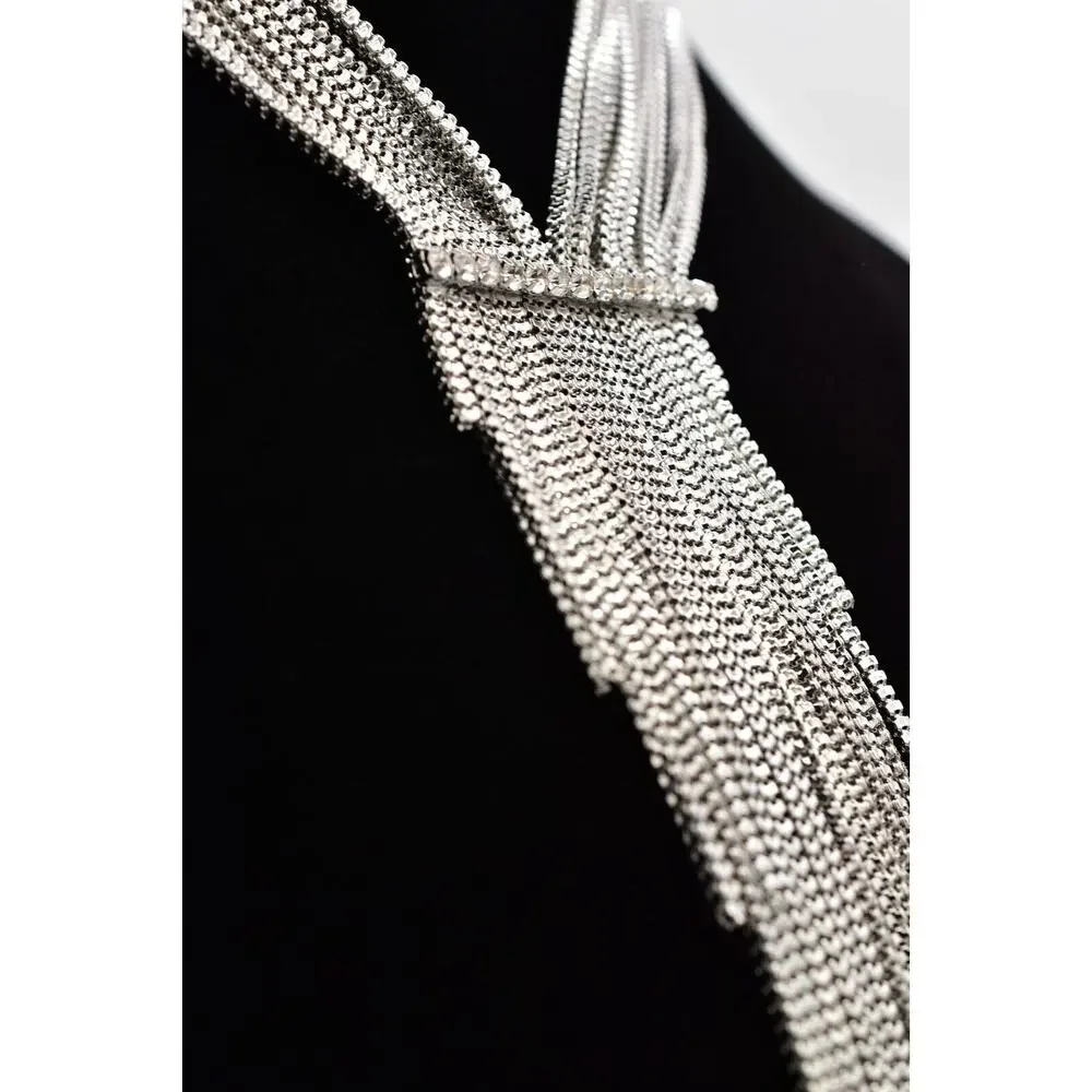 Vintage Y2K Fringe Necklace Crystal Multi-Chain Y-Drop Silver Tone Chunky Bin3B